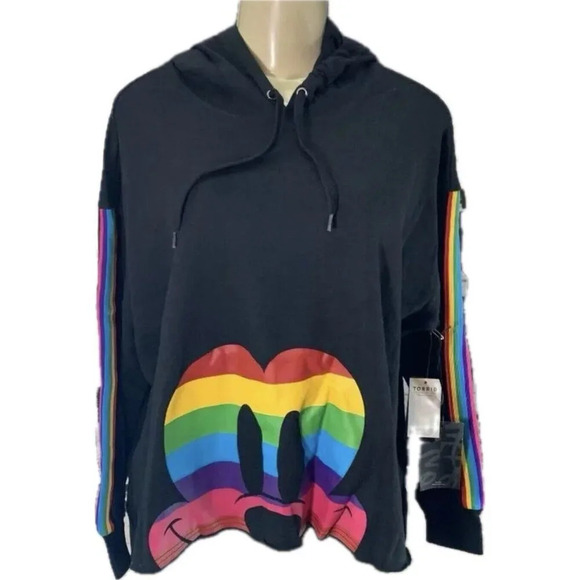 Disney 0 Black Rainbow Mickey Mouse Graphic Relaxed Fit Crop Long Sleeve Hoodie - Picture 2 of 6